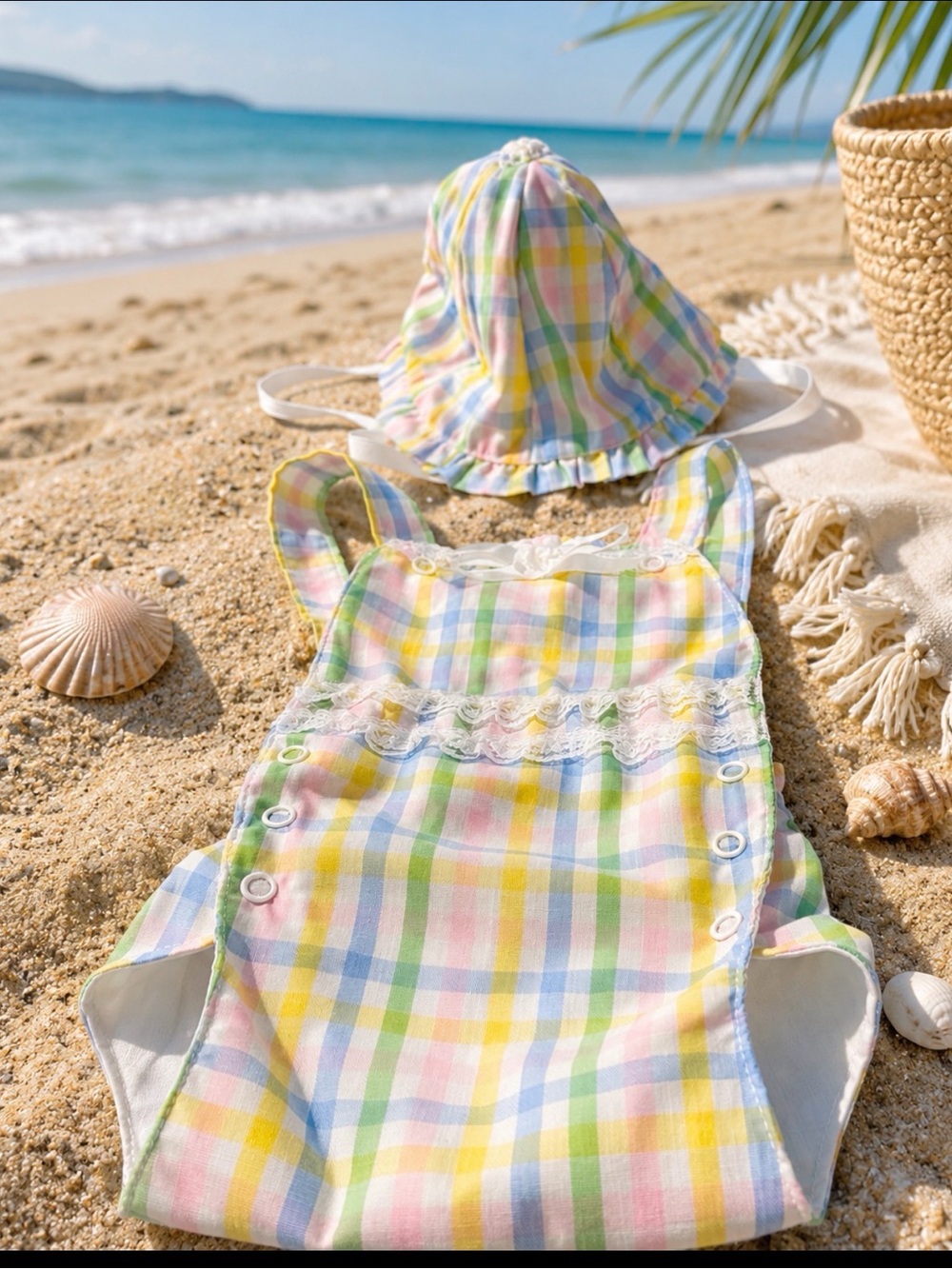 Pastel Plaid Baby Sun Hat & Romper Set - Multicolor 0-3 months